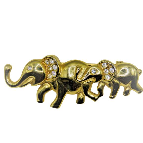 Vintage Brooch Elephant Caravan Mommy and Baby Pin Gold Tone Rhinestone AAI - Picture 4 of 7